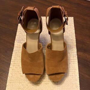 Marc Fisher Wedge Sandals Tan Suede Ankle Strap.  Excellent Condition Size 9M